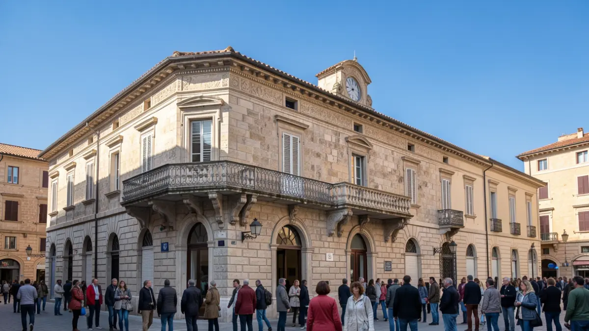 Generic image of the facade of the Draguignan Town Hall, a stone building with an ornate balcony, under a clear blue sky.