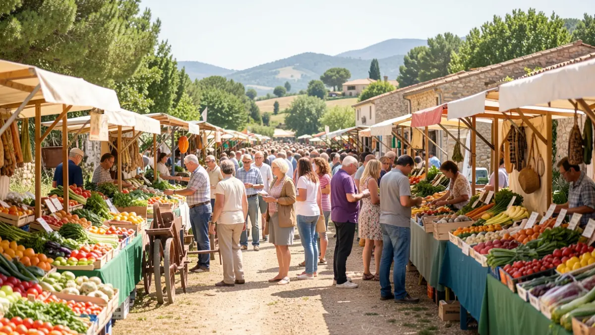 Image générique d'une fête de l'agriculture en Provence avec des producteurs et du matériel agricole.