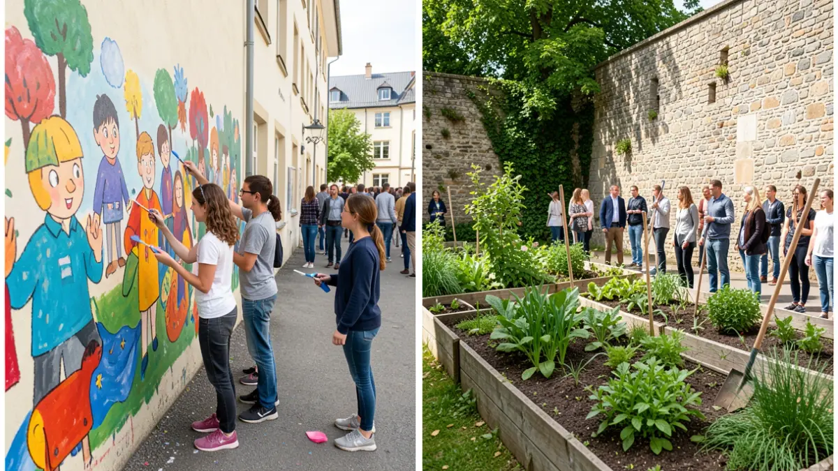 Image générique de jeunes participant à des chantiers éducatifs, l'un peignant une fresque murale, l'autre travaillant dans un jardin.