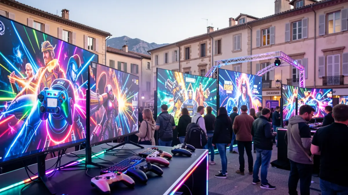 Generic image of bright lights and pop culture elements in a festival atmosphere.
