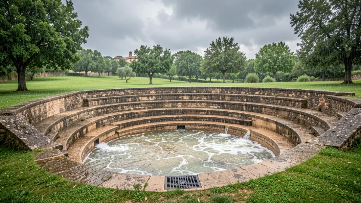Generic image of a park amphitheater acting as a retention basin during heavy rain.