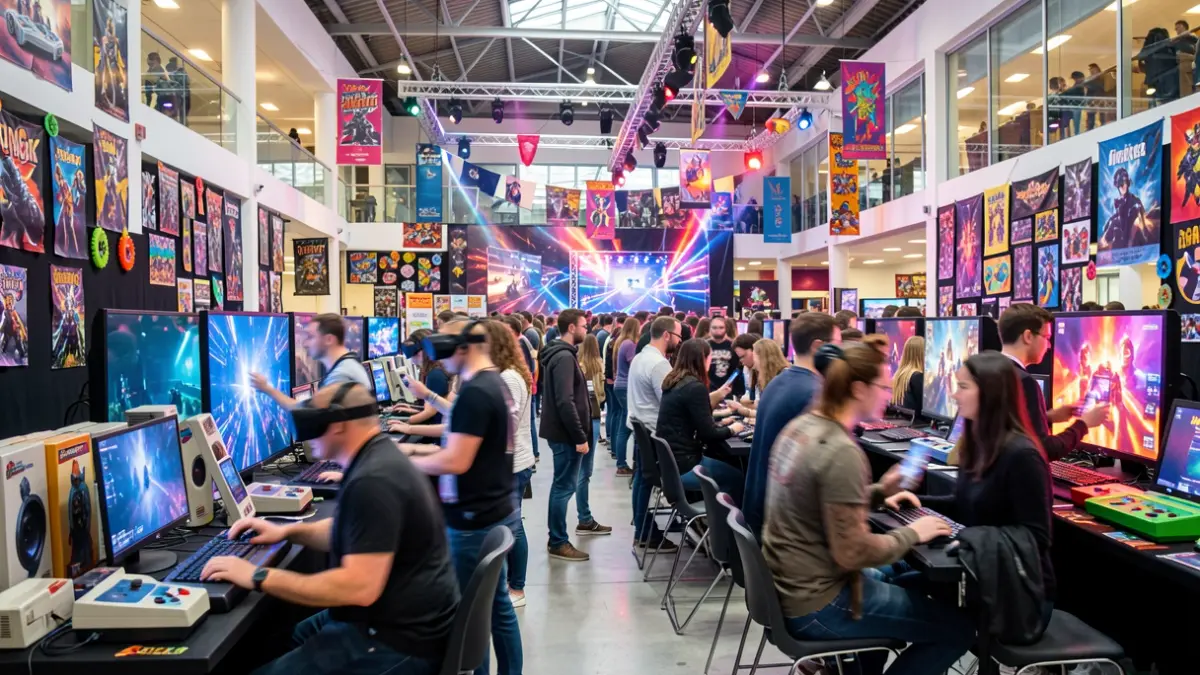 Generic image of a gaming and geek culture festival, featuring virtual reality and esports elements.