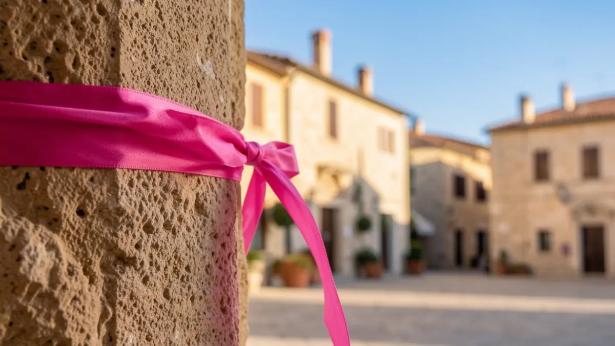 Pink ribbon symbol of 'Octobre Rose' on a stone column in Draguignan.