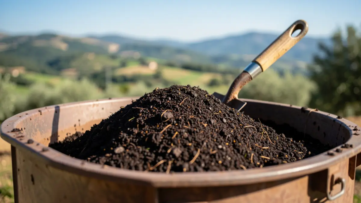 Compost gratuit disponible en libre-service dans des bacs ouverts, avec une pelle à disposition.