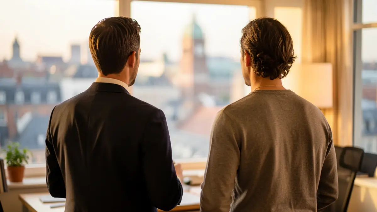Image générique de deux personnes, l'une en tenue professionnelle, l'autre en tenue décontractée, regardant un paysage urbain flou, symbolisant une rencontre et de nouvelles perspectives.