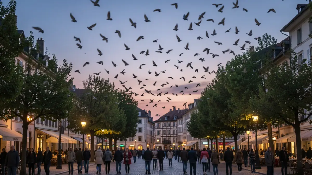Generic image of a flock of starlings in the sky at dusk over a town square.