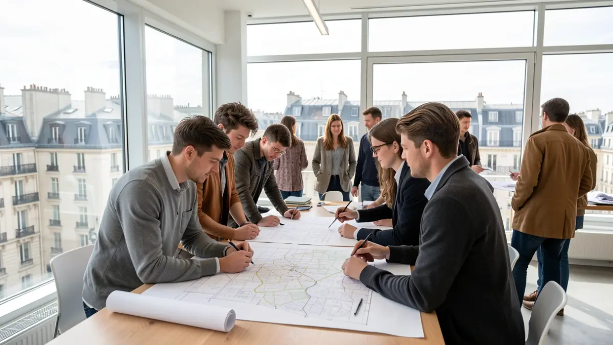 Image générique de jeunes architectes discutant des plans dans un bureau moderne.