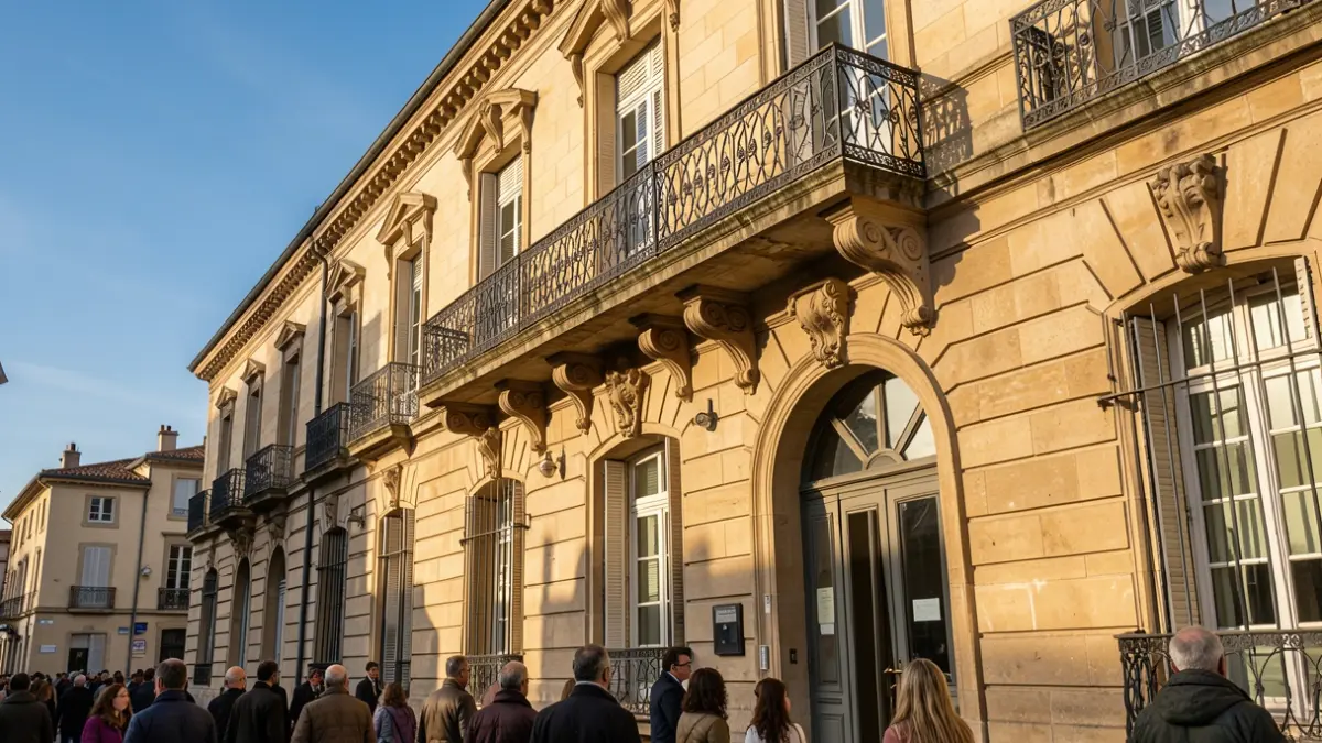 Image générique de la façade d'une mairie en pierre de style provençal, avec un balcon orné et des barreaux en fer forgé, baignée par la lumière chaude du soleil d'après-midi.