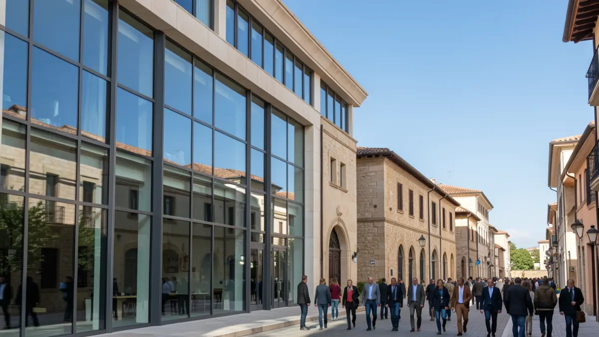 Generic image of a modern research institute building with Mediterranean architecture elements.