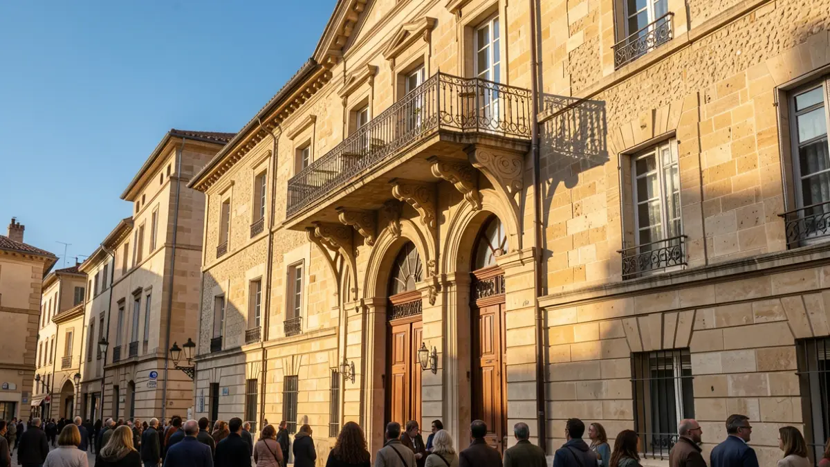 Generic image of a stone town hall facade in Southern France, with an ornate balcony and blue sky.