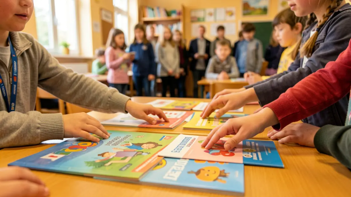 Generic image of children's hands receiving colorful educational booklets.