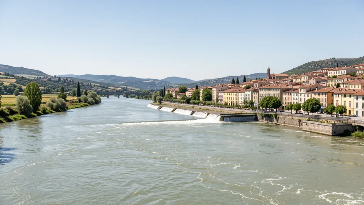 Image générique d'un fleuve méditerranéen avec un niveau d'eau élevé et des ouvrages de protection.