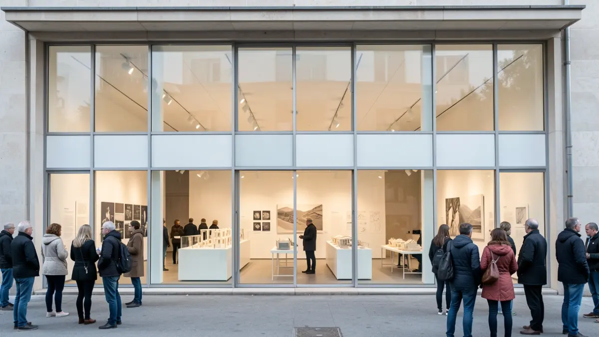 Image générique de la façade d'un espace d'exposition architecturale contemporaine avec de grandes fenêtres et un design minimaliste, présentant des maquettes et des expositions de recherche à l'intérieur, dans un style de photographie documentaire.