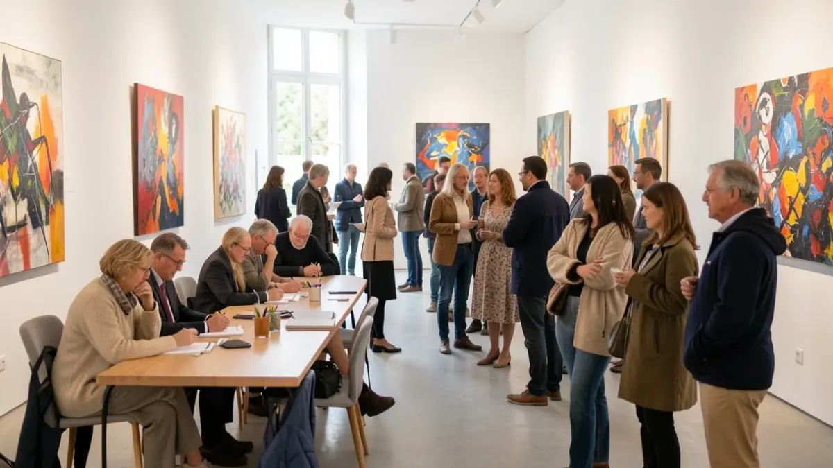 Image générique d'un groupe diversifié de personnes dans une galerie d'art moderne, certaines signant, d'autres écoutant attentivement, avec des œuvres d'art abstraites sur les murs.