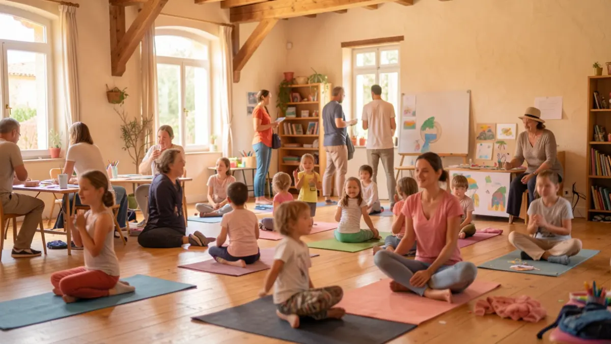 Image générique d'une fête familiale dans un centre communautaire, avec des familles participant à diverses activités dans une ambiance chaleureuse et lumineuse.