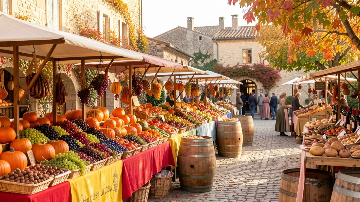 Image générique de fête locale d'automne en Provence, avec des produits du terroir.