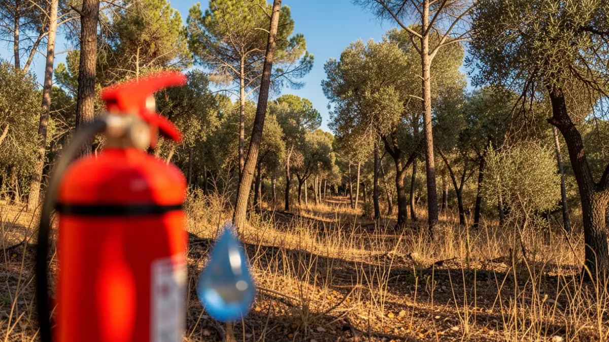 Generic image of a Mediterranean forest under a blue sky, with elements symbolizing fire prevention.