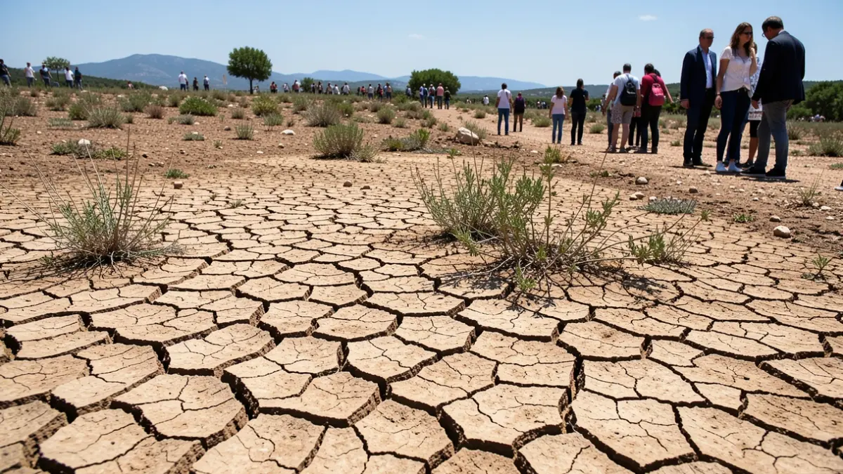 Image générique de terre craquelée sous un soleil intense, symbolisant la sécheresse.