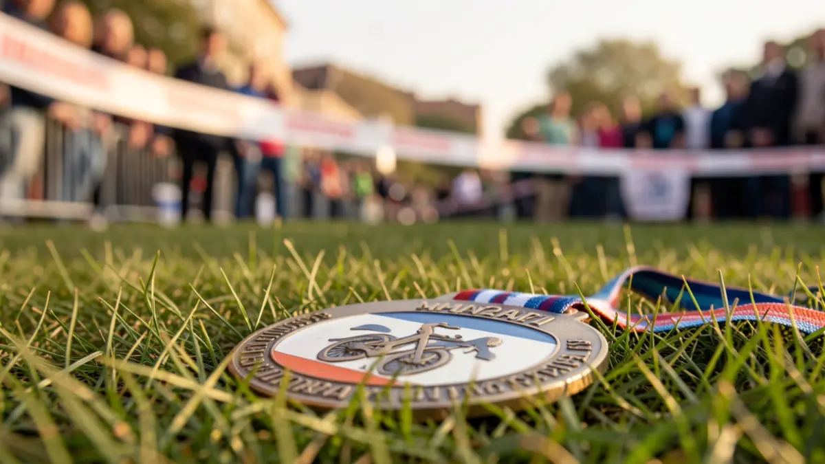 Image générique d'une médaille de cyclisme posée sur l'herbe, avec un ruban de ligne d'arrivée flou en arrière-plan.