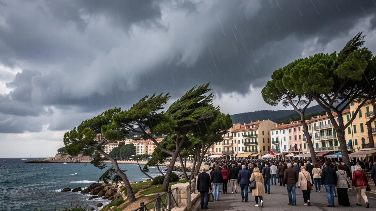 Image générique de ciel d'orage méditerranéen au-dessus d'une ville côtière, avec des nuages sombres et des arbres courbés par le vent.