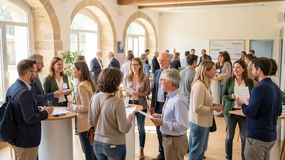 Generic image of a job insertion forum with participants and recruiters exchanging information in a bright space.