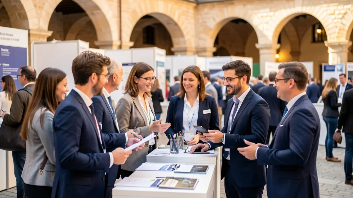 Generic image of a job fair in Southern France, featuring job seekers and recruiters.