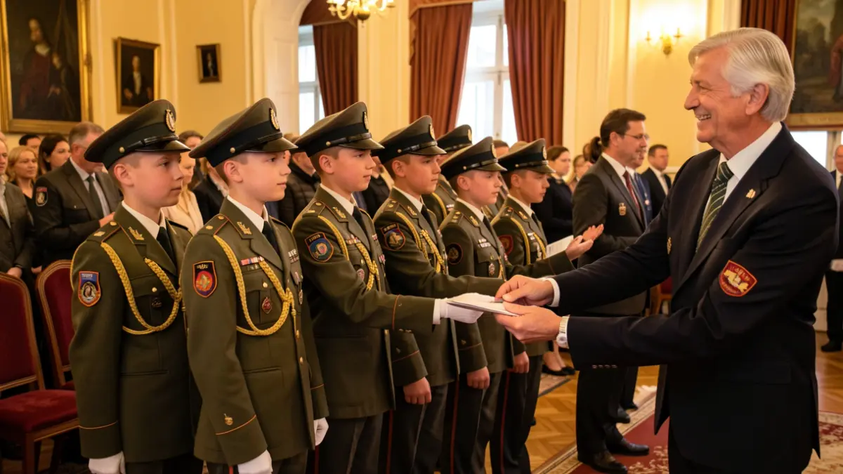 Image générique de jeunes cadets recevant des insignes et des calots, avec une conseillère départementale présente.