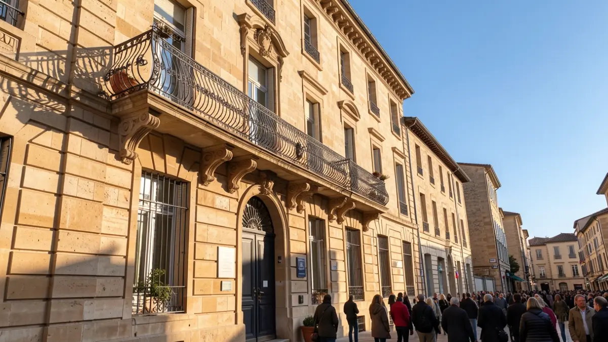 Generic image of a municipal building facade in Southern France, featuring an ornate balcony and warm afternoon sunlight.