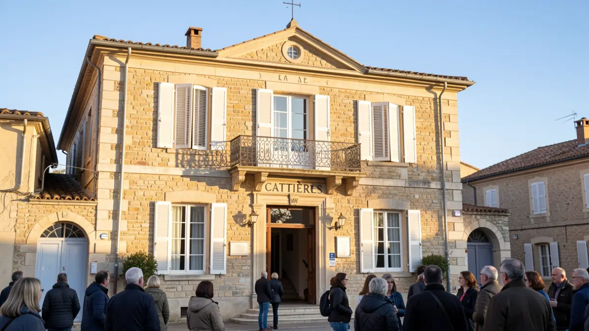 Façade de la mairie de Gattières, un bâtiment en pierre de style architectural provençal traditionnel, avec un balcon orné et des volets, baignée par la douce lumière du soleil d'après-midi sous un ciel bleu clair.