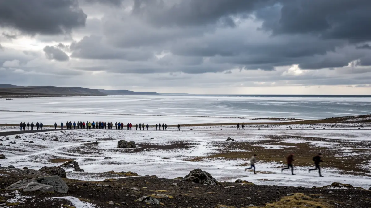 Image générique d'un paysage de sel et de mer avec des coureurs lointains.