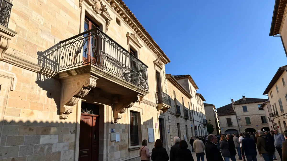 Facade of the Grans Town Hall, a historic stone building with an ornate balcony, under an afternoon sun.