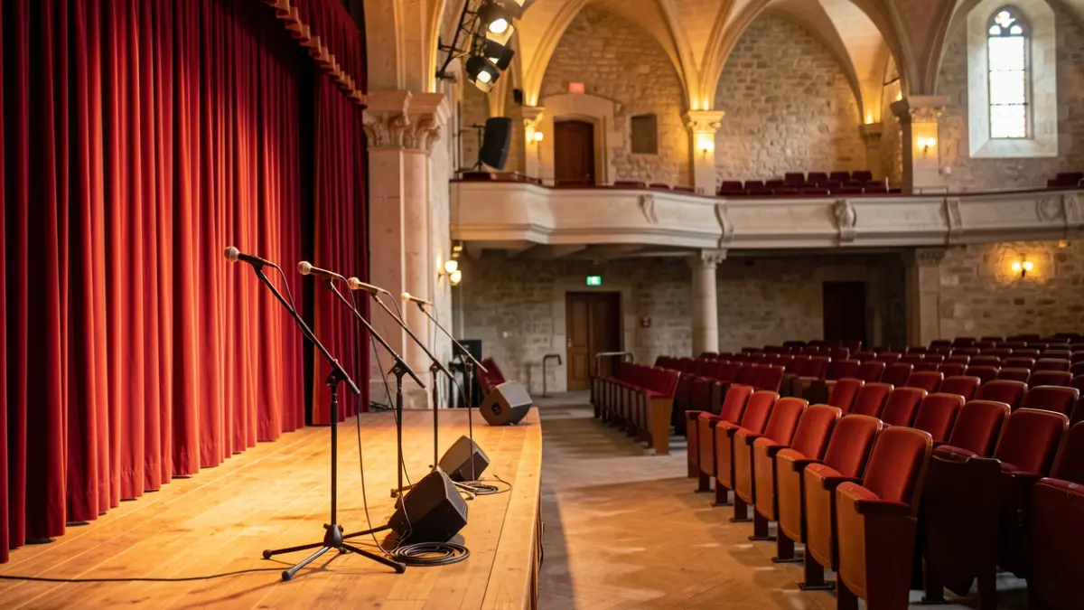 Image générique d'une scène de théâtre vide avec des rideaux et des microphones.