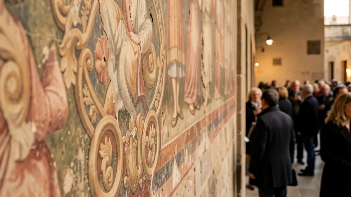 Image générique de détail de fresque ancienne sur mur de pierre.