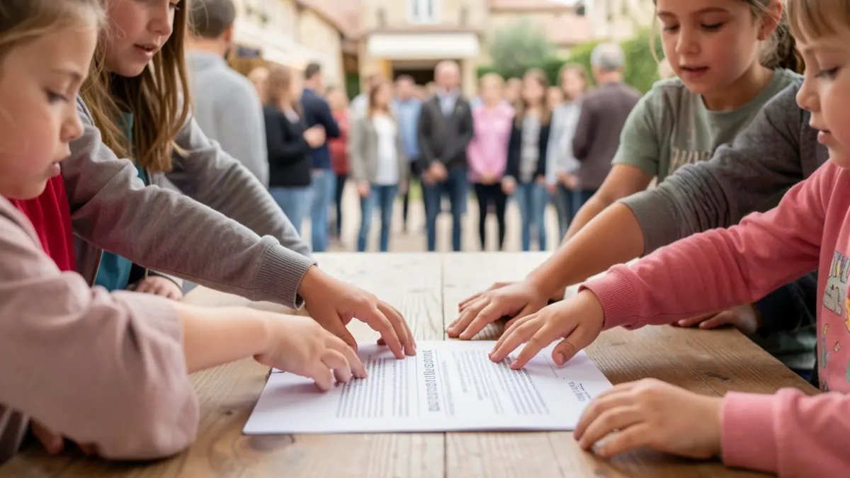 Image générique de mains d'enfants se tendant vers un document.