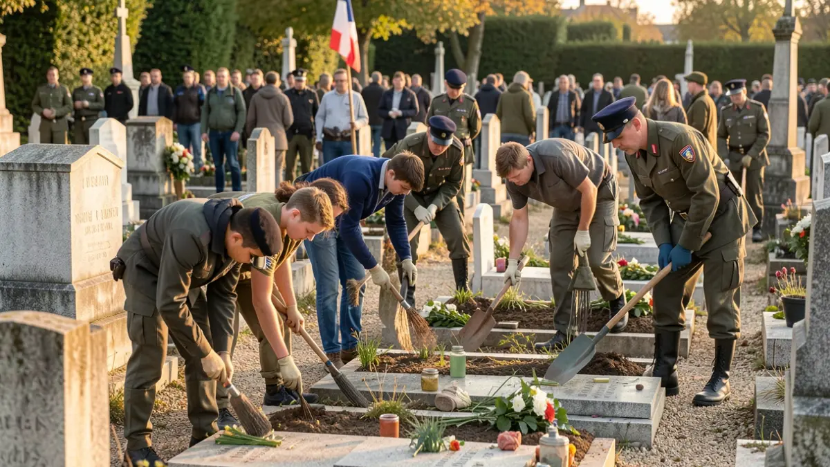Generic image of young people and gendarmes maintaining military graves in a cemetery.