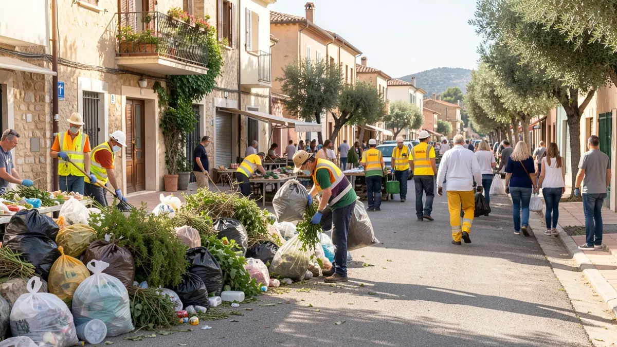 Generic image of a clean-up operation in a residential neighborhood, with municipal workers and volunteers collecting trash.