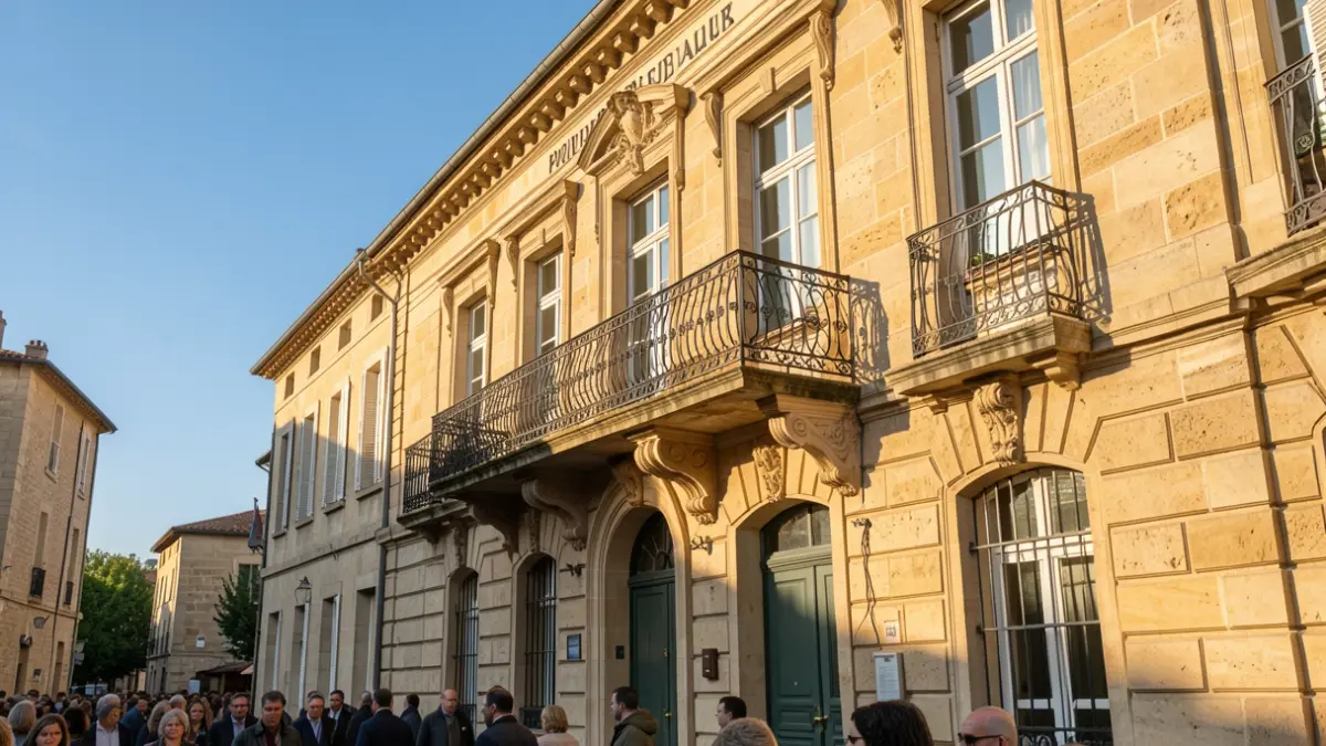 Generic image of a public building facade in Southern France, featuring an ornate balcony and sunlit shadows.
