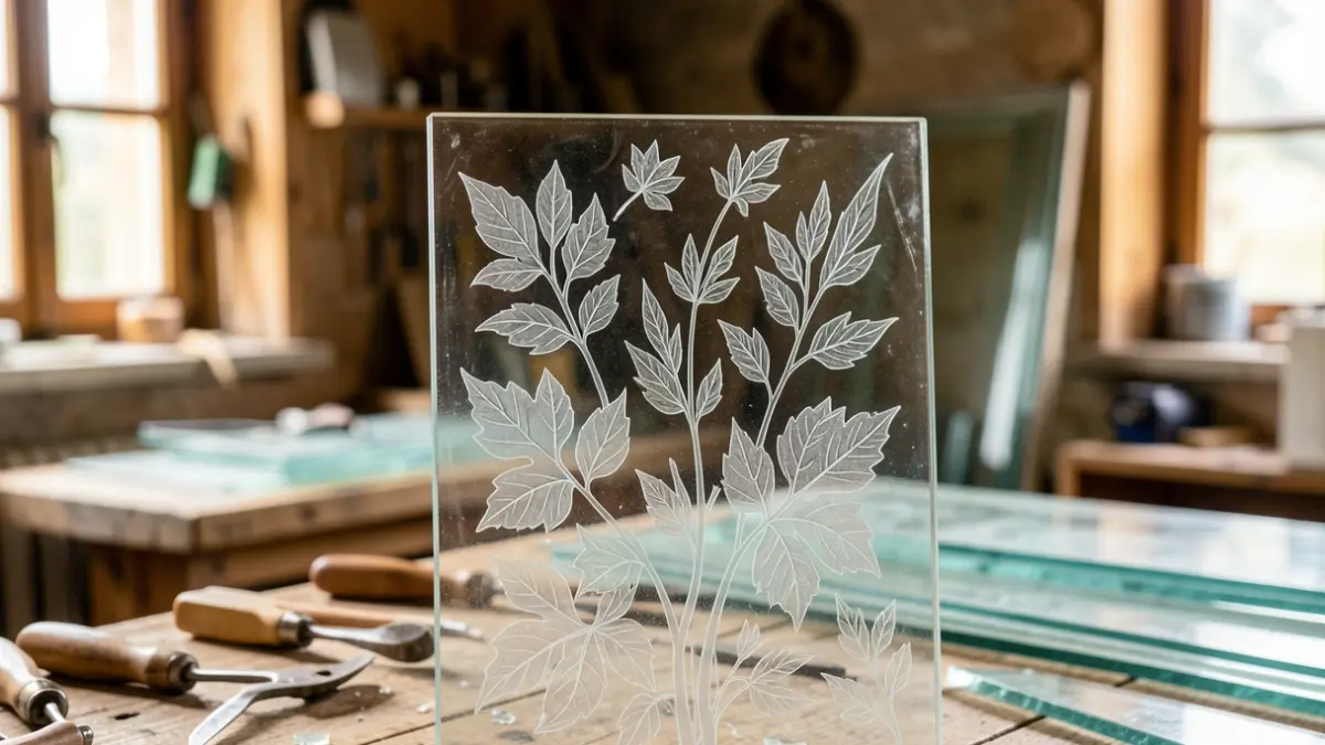 Generic image of a glass plate decorated with plant motifs, in an artisan workshop.