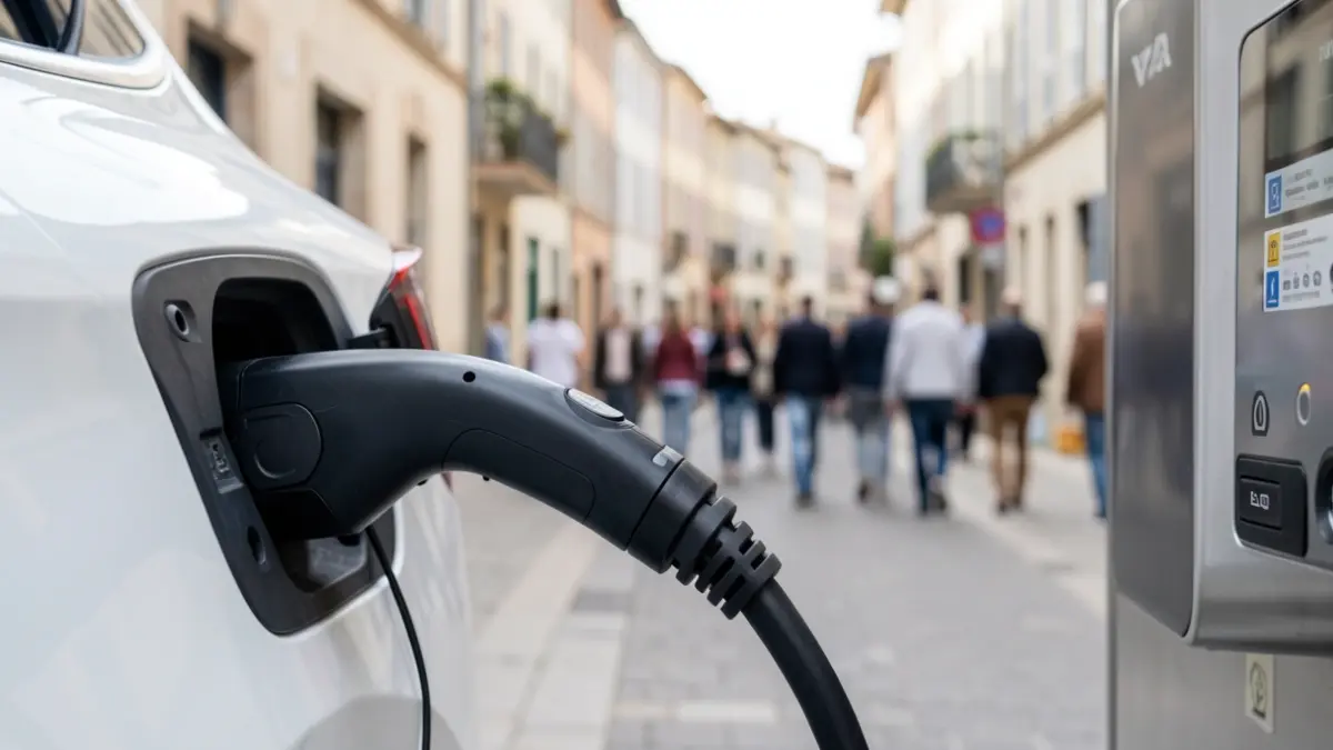 Image générique d'un câble de recharge de voiture électrique branché sur une borne, avec un arrière-plan flou de rue urbaine.