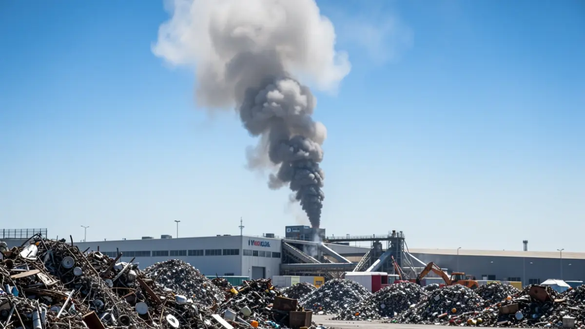 Image générique d'un incendie dans une usine de recyclage de métaux à Vitrolles, avec de la fumée s'élevant dans le ciel.