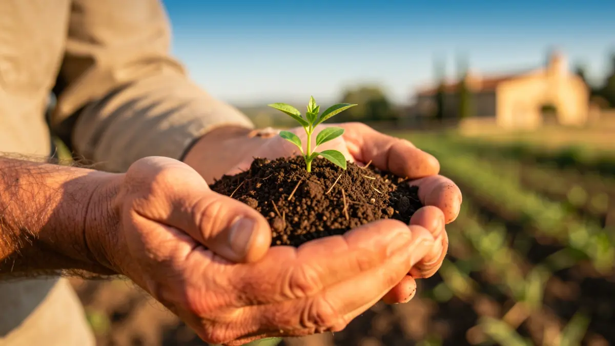 Generic image of a farmer's hands holding soil with young sprouts, symbolizing resilience.