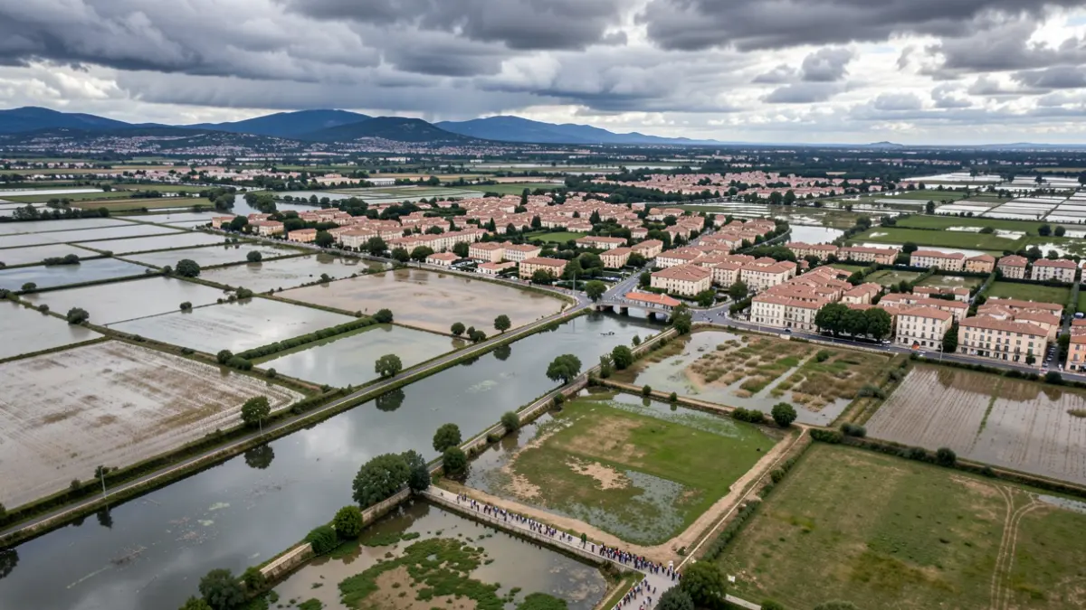 Image générique de paysages inondés dans le sud de la France, avec des zones résidentielles et des champs recouverts d'eau sous un ciel couvert.