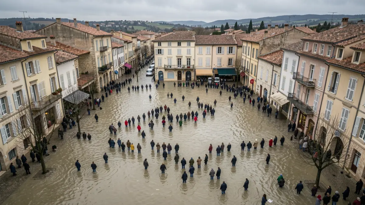 Image générique de la ville de Saint-Mitre-les-Remparts touchée par des inondations, avec de l'eau recouvrant la place et les bâtiments.