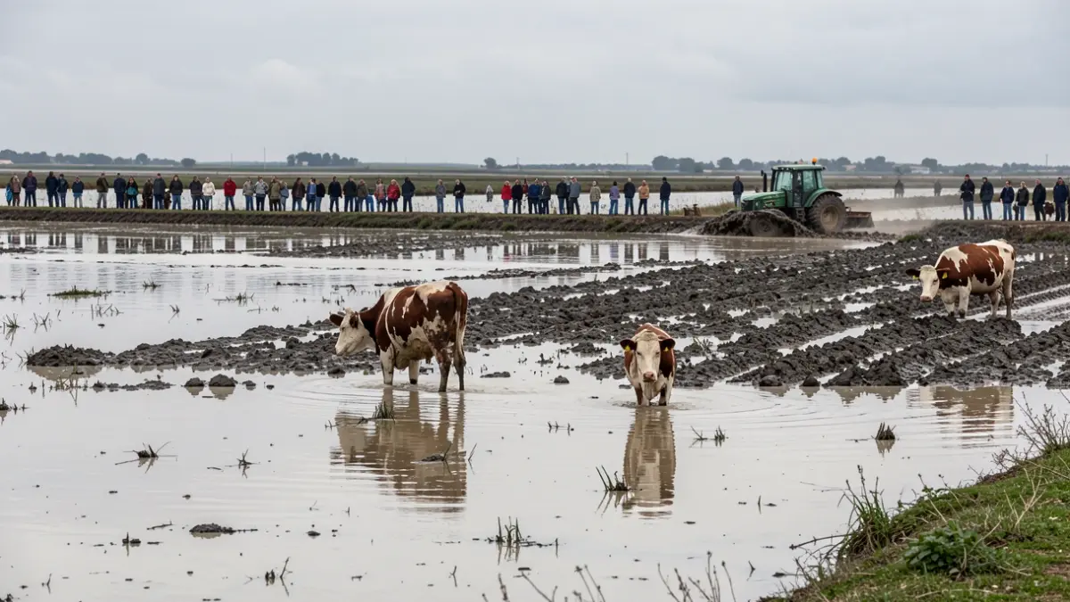 Generic image of flooded fields in the Camargue region, with cows in water and mud, and a tractor.