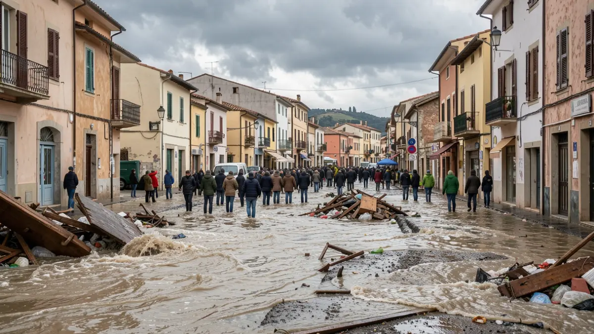 Generic image of flooded streets in a Mediterranean town, with waterlogged roads and damaged infrastructure under an overcast sky.