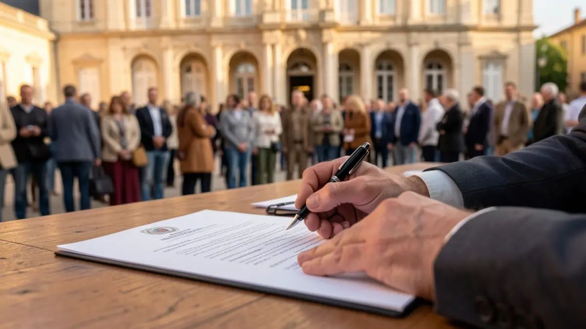 Generic image of hands signing an official document on a wooden desk, with a blurred background of a government building facade in Provence-Alpes-Côte d'Azur, warm afternoon light.