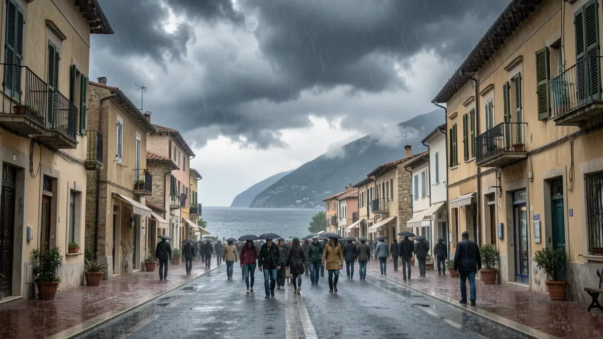 Image générique de intempéries sur une ville côtière méditerranéenne, forte pluie sur des rues vides, ciel dramatique.