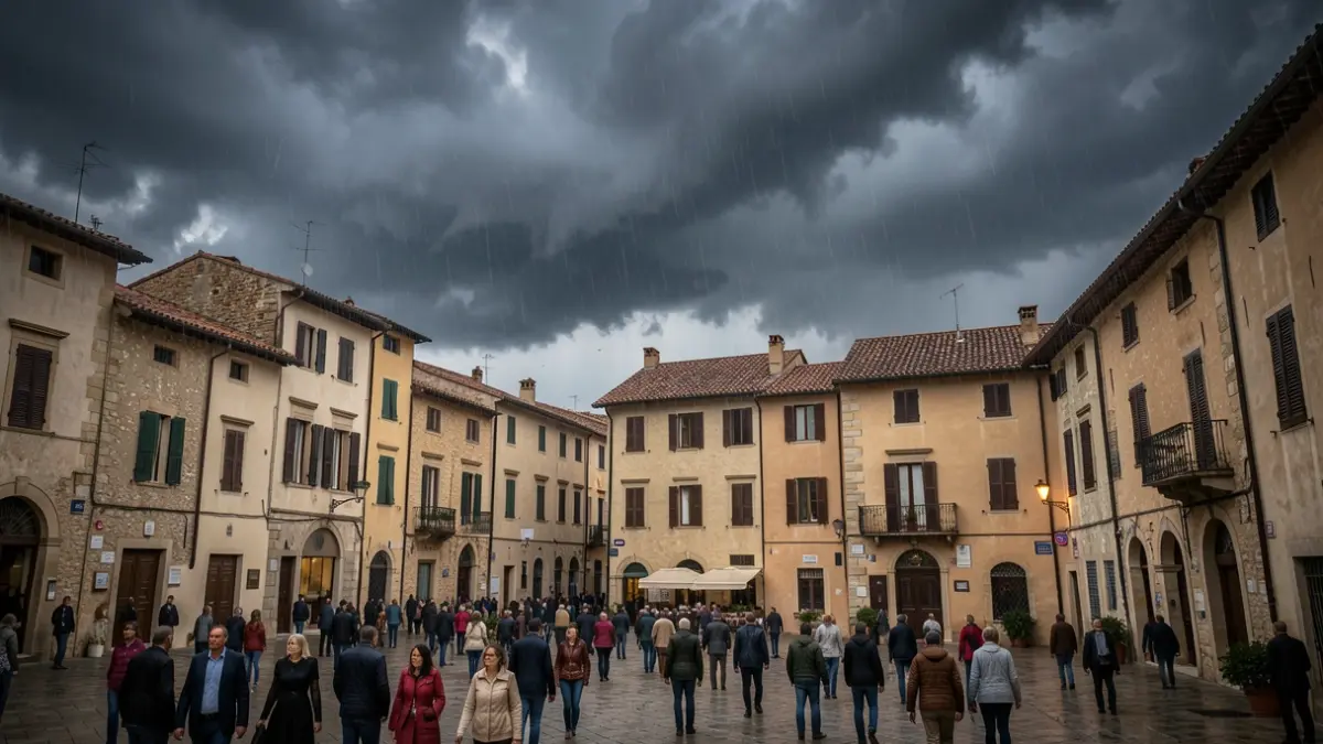 Image générique de temps orageux sur une ville méditerranéenne, avec des nuages sombres et de fortes pluies.
