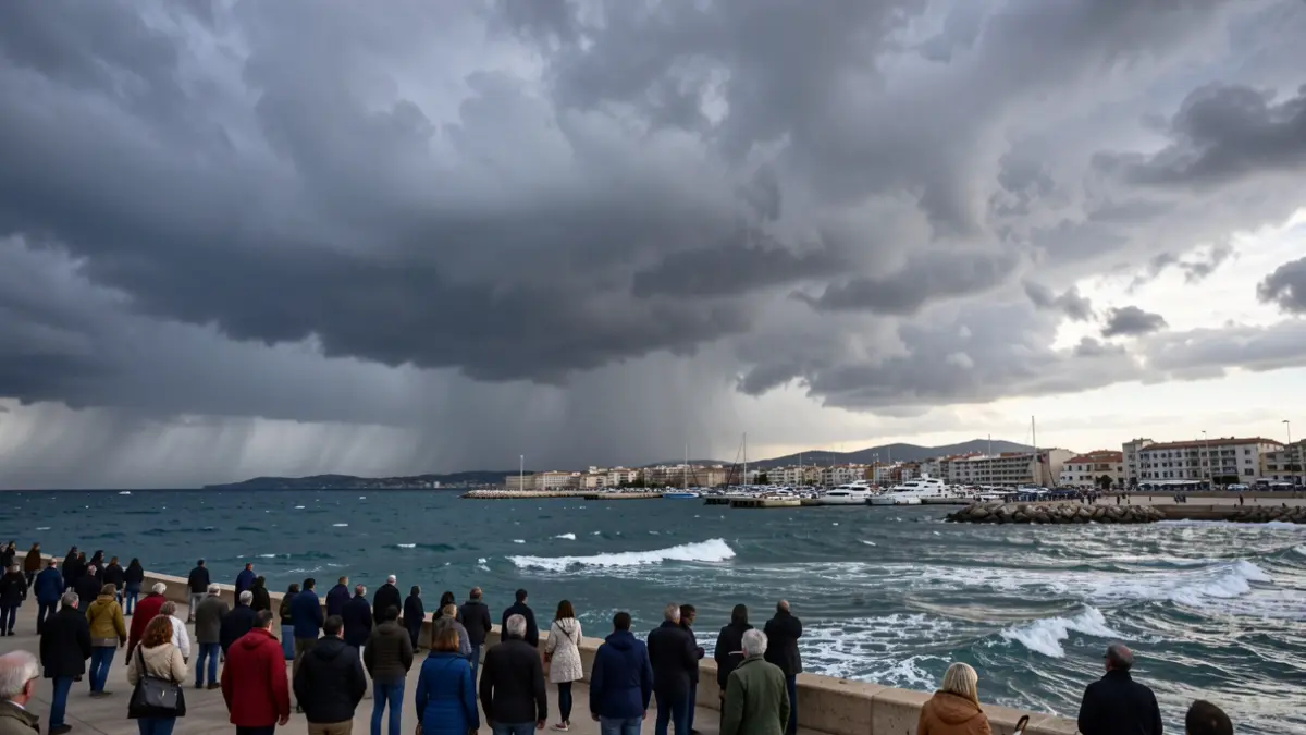 Generic image of a stormy sky over a Mediterranean port, with dark clouds and rough sea.