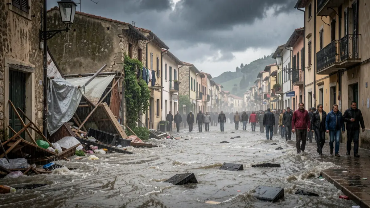 Generic image of heavy rain and flooding in a Mediterranean town.